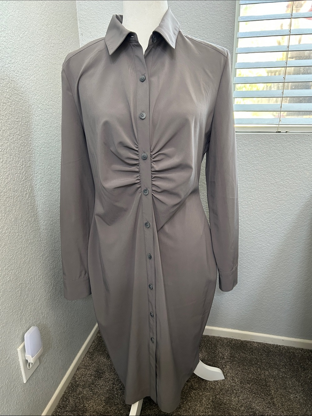 Calvin Klein Gray Long-Sleeve Ruched Shirt Dress